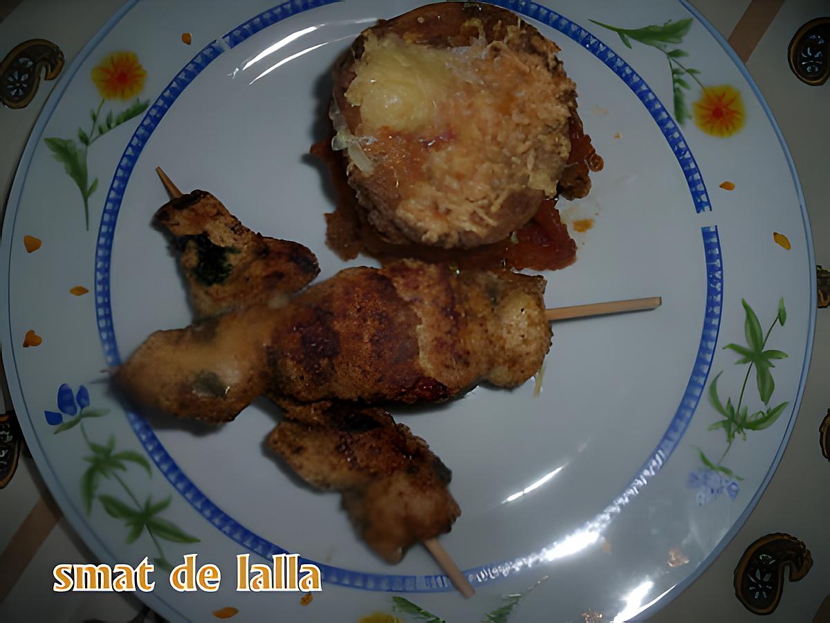 recette GRATIN D'AUBERGINES, BROCHETTES DE POULET CARAMELISEE