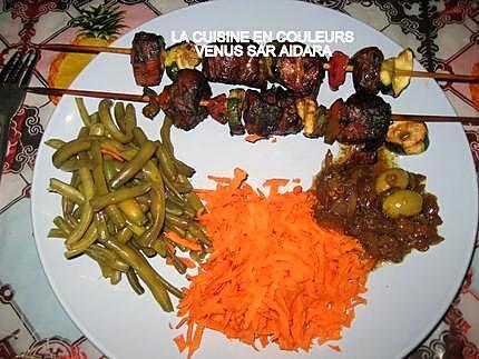 recette BROCHETTES DE FILETS DE SAUMON ET DE LEGUMES(ACCOMPAGNEMENT POMMES DE TERRE SAUTEES+CAROTTES RAPEES)