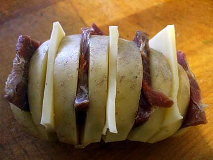 recette "Libritos de Papas con jamon curado y queso...(P.D.Terre au four garnies de fromage et jambon cru....)