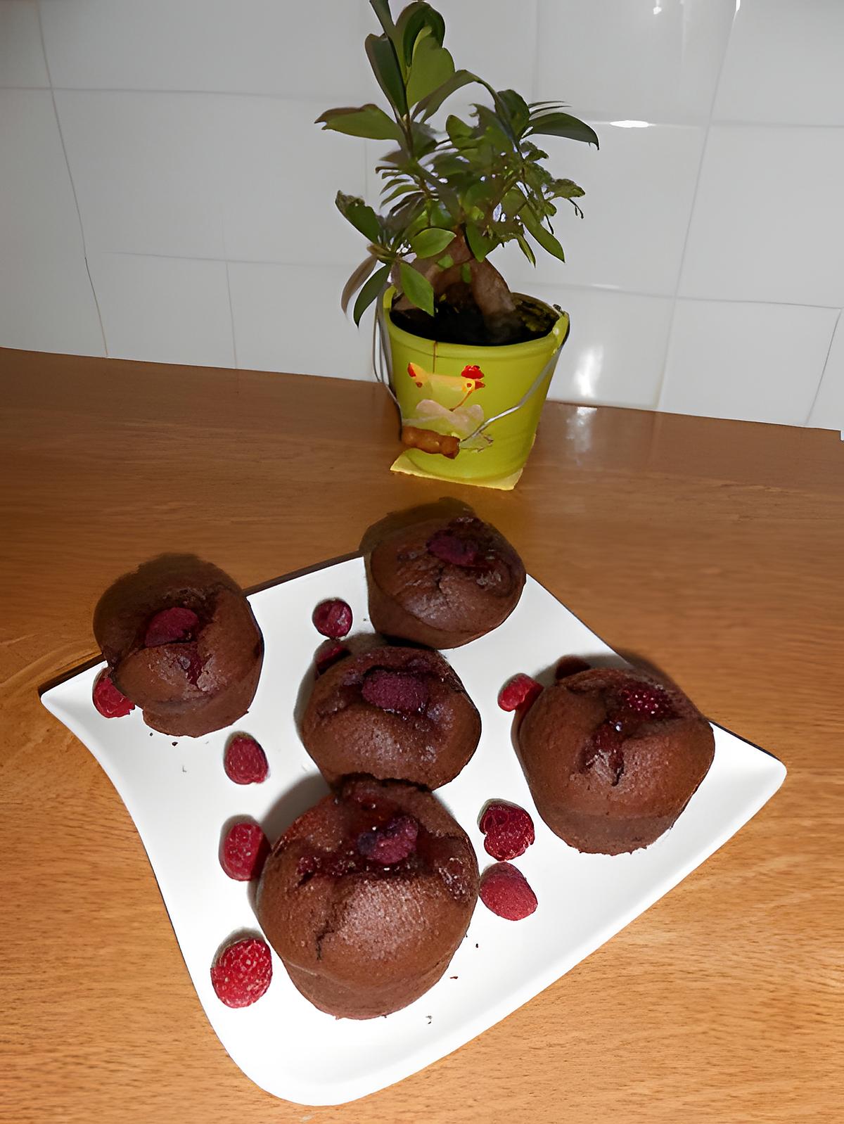 recette Muffins, chocolat, framboises.