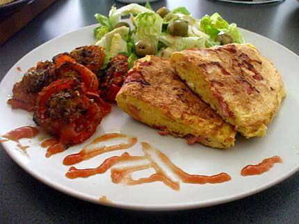 recette " Plato combinado N° 11... Tomates persillées au four ... Omelette Jambon fromage..."