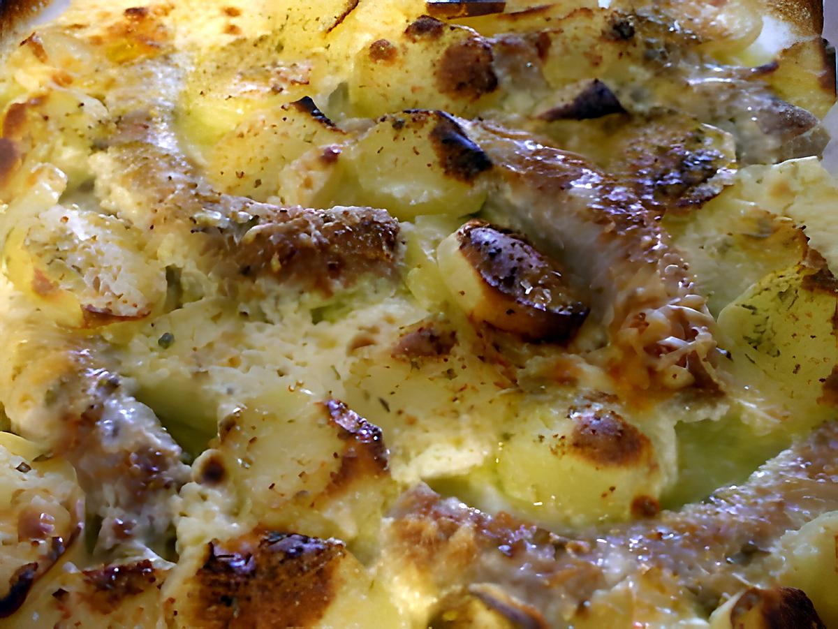 recette " Gratin de saucisses de Toulouse à la crème fraîche...."