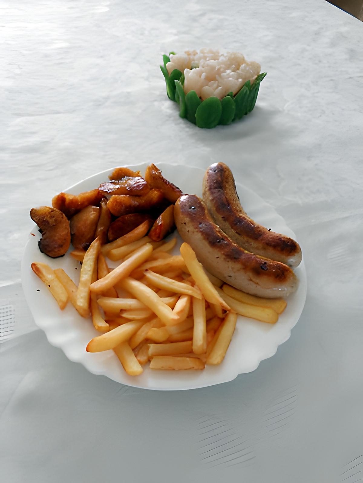 recette Boudins blancs truffés,pommes caramélisées et frites au four.