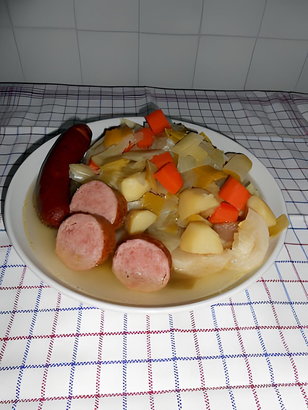 recette soupe au chou, aux saucisses fumées et saucisson à l'ail.