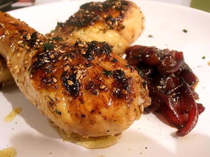 recette pilons de poulet caramélisés aux graines de sésame, confit d'oignons rouges