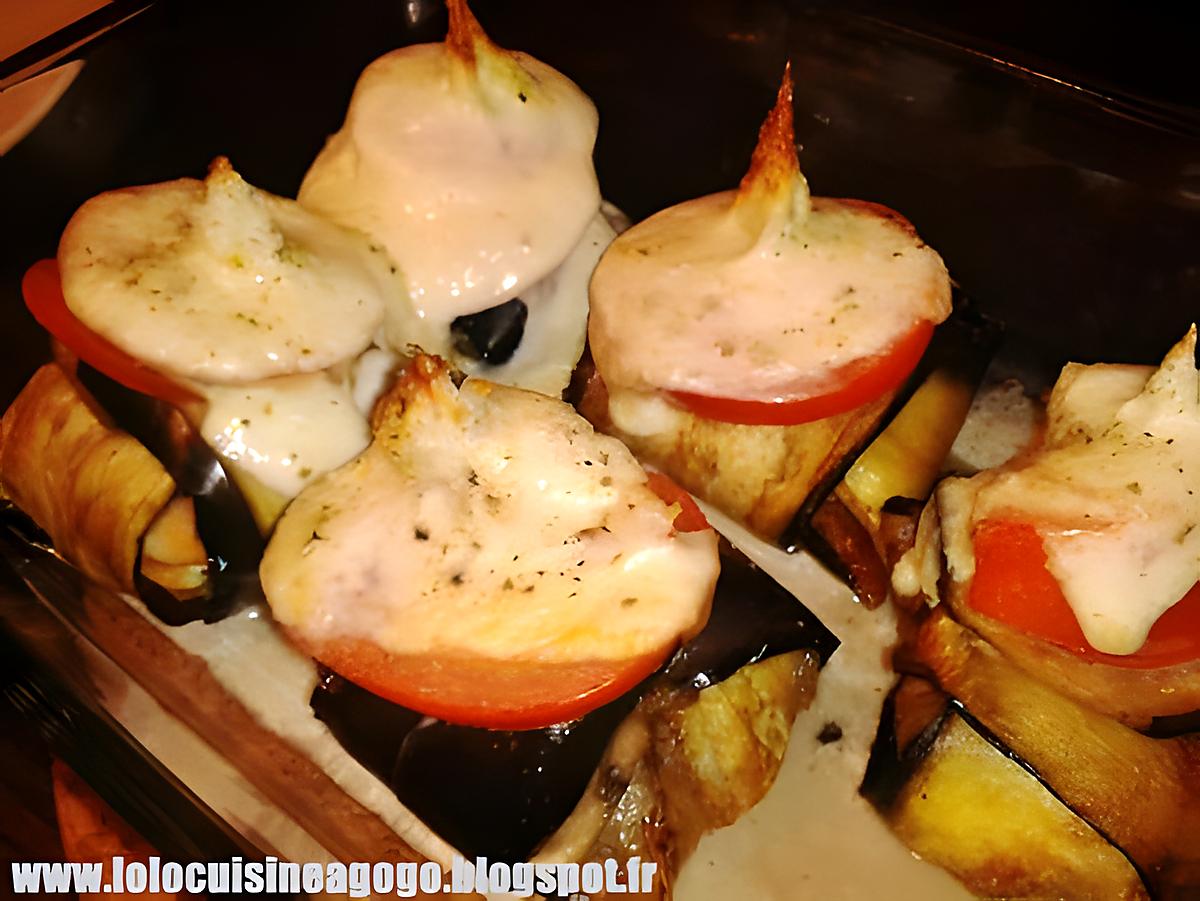 recette Ballotins d'aubergine aux champignons émincés et gambas basilic