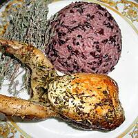 recette CAILLES AUX THYM DE PROVENCE AVEC RIZ NOIR/BLANC.