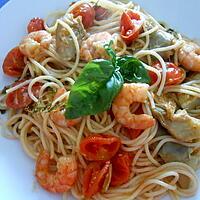 recette MES  SPAGHETTI   ARTICHAUTS ET  CREVETTES