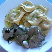 recette FOIES  DE LAPIN BEURRE SAUGE ET  RAVIOLI  DE PATATE