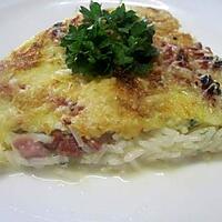 recette riz à l'omelette aux lardons  fumés gratinés.