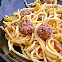 recette Spaghettis aux boulettes de chair à saucisses au basilic, courgettes et tomates poêlées