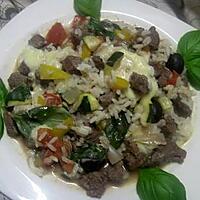 recette Dés de boeuf et légumes. riz. au basilic.