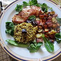 recette escalope  ,,pommes deterre lardons  et riz épicé  au chou fleur de chemin de gourmandise