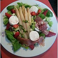 recette SALADE PRINTANIÈRE aux asperges, jambon de ferme, fromage de chèvre et fraise