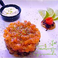 recette Tartare de Saumon à l'Aneth sur Rösti Crème de Citron Vert