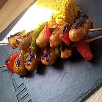 recette Brochettes de saucisses gaudiveaux au curry et poivrons et lard