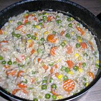 recette poêlé de légumes, riz et sa sauce crème fraîche et fond de volaille accompagné de filets de poulets roulés dans la chapelure