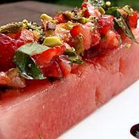 recette TRANCHE DE PASTEQUE, TARTARE DE FRAISES MENTHE/BASILIC