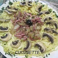 recette Pâtes Fettuccini aux champignons et allumettes fumées.