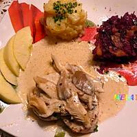 recette TOURNEDOS DE VEAU AUX PLEUROTES  SAUCE AU MADERE,AVEC SON CHOU ROUGE AUX  POMMES