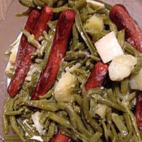 recette Haricot vert , lamelles de pommes de terre , saucisses de volailles , sauce curry emmental