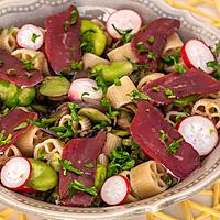 recette Salade de pâtes aux fèves, champignons et magret