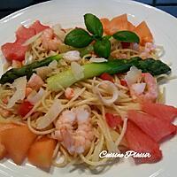 recette Spaghetti aux crevettes, asperges, tomate avec une touche fruitée et sucrée