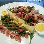 recette Salade haricots verts lardons Pdt tomate à l'estragon, vinaigrette moutarde et miel