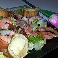 recette Salade a la crevettes lardons et aux croûtons de chevre et miel