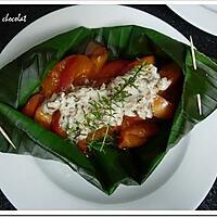 recette **Fruits d' été  caramélisés au balsamique parfumé au thym et son crèmeux au pralin en feuille de bananier**