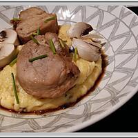 recette Filet mignon de porc laqué au miel et soja, polenta crémeuse aux champignons