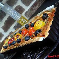 recette **Tarte rectangulairement savoureuse aux 5 Tomates dont "Ananas" et Oignons Nouveaux Caramélisés **