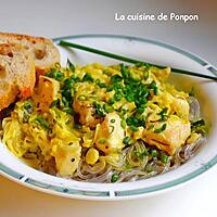 recette Poulet au poireau parfumé de curry et lapacho sur un lit de nouilles de patates douces