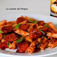 recette Penne, chorizo, courgette et fanes de betteraves rouges