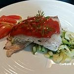 recette Filet de Bar sur lit de courgette-poivron sauce ketchup moutarde