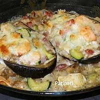 recette Aubergines farcies au saumon-colin-lardons et courgette