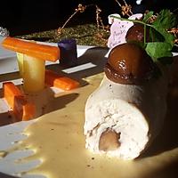 recette Ballotine de volaille farcie aux cèpes, châtaignes et foie gras, éclats de tonka