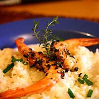 recette Risotto à la crème de noix de coco et gambas grillées au gros sel, poivre et thym