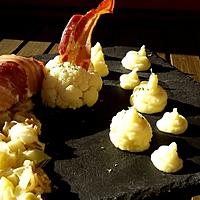 recette Saumon bardé de lard, purée de choux fleur et fondue de poireaux