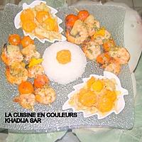 recette Brochettes de gambas poêlées/légumes sautés/riz à la créole