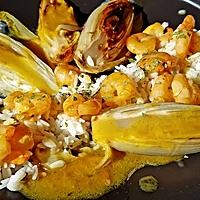 recette Crevettes aux endives caramelisées à l'orange,coco,gingembre