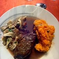 recette Pavés de kangourou sauce à la groseille, pleurotes et patate douce