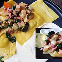 recette Ravioles aux blettes, lardons et crème à l'ail et parmesan