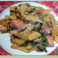 recette Pennes sauce asperge, poivrons et champignons, jambon et chorizo, (Cooking chef)