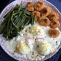 recette Œufs gratinés accompagnés de ses haricots verts au four et ses tomates à la provençale