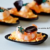 recette Amuse bouche coquille ébène et fruits de mer, ail noir et spiruline