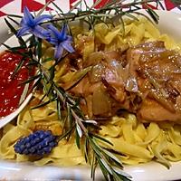 recette Lapin aux échalotes sur un nid de tagliatelle.