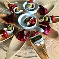 recette Cuillères apéritives de betterave au fromage frais et noix et brochettes d'anchois