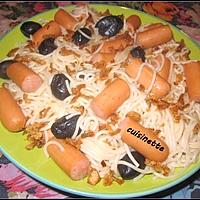 recette Spaghettis aux snacks et olives noires.