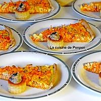 recette Tarte aux carottes râpées, gingembre, miel et graines de tournesol accompagnée de mini bouchées aux champignons des bois